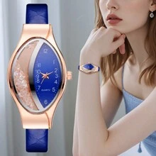 1 szt. Damska moda Elegancka Ładna Owalna Obudowa Płynący Kryształ Skórzany Pasek Kwarcowy Zegarek Na Rękę