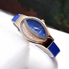 1 szt. Damska moda Elegancka Ładna Owalna Obudowa Płynący Kryształ Skórzany Pasek Kwarcowy Zegarek Na Rękę