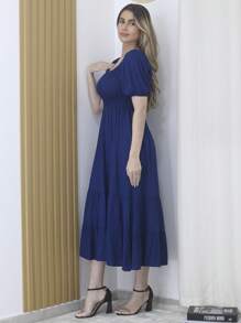 Viscolinho Puff Sleeve Plain Dress In Cinnamon - 藏蓝色 - 查看 2