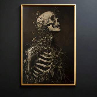 1pc Framed/Unframed Botanical Skeleton Skull Vintage Poster Gothic Dark Academia Abstract Art Canvas Painting Print Minimalist Wall Picture For Dorm,Apartment,Living Room,Bedroom,Home Decoration
