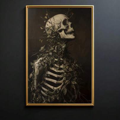 1pc Framed/Unframed Botanical Skeleton Skull Vintage Poster Gothic Dark Academia Abstract Art Canvas Painting Print Minimalist Wall Picture For Dorm,Apartment,Living Room,Bedroom,Home Decoration