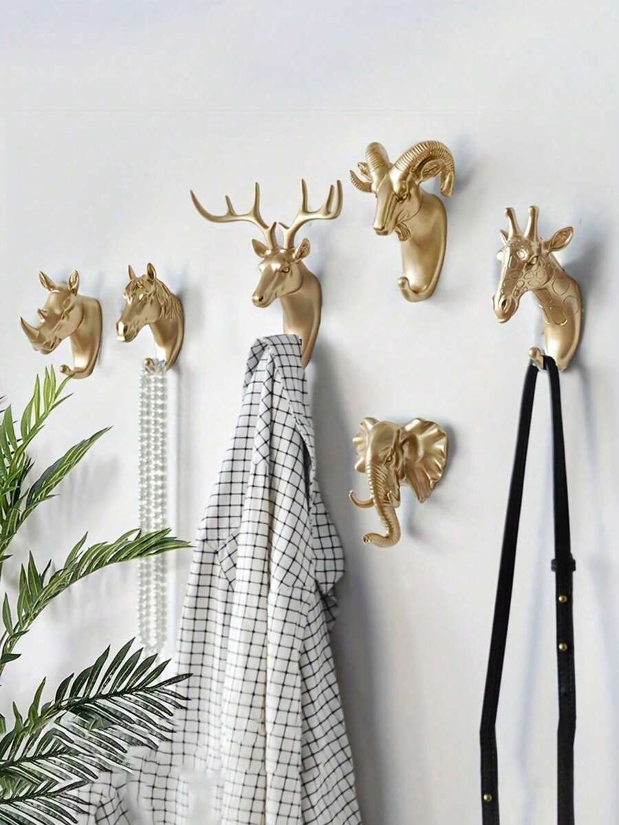 1 件，金色鹿头收纳架 - 多功能壁架，带钥匙架和创意衣架，适用于家居装饰 - 金色 - 查看 1