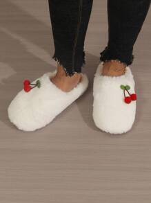 Cherry Cartoon Plush Women's Slippers, Soft Bottom Flat Warm Lined Slippers, Popular European And American Style For Autumn/Winter