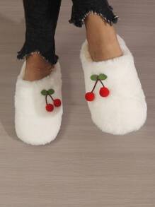 Cherry Cartoon Plush Women's Slippers, Soft Bottom Flat Warm Lined Slippers, Popular European And American Style For Autumn/Winter