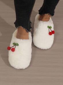 Cherry Cartoon Plush Women's Slippers, Soft Bottom Flat Warm Lined Slippers, Popular European And American Style For Autumn/Winter