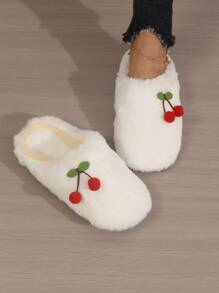 Cherry Cartoon Plush Women's Slippers, Soft Bottom Flat Warm Lined Slippers, Popular European And American Style For Autumn/Winter