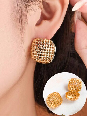 2 件时尚简约金属金色编织镂空不对称几何方形双面镂空环状耳环，适合女性日常佩戴
