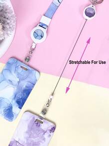 1pc Marble Pattern Card Holder With Retractable Lanyard Set, For Id Card, Work Card, Mobile Phone, Doctor & Nurse Badge, Abs Case With Double-Printed Polyester Neck Strap Without Choking,School Supplies,Back To School - Multicolor - View 2