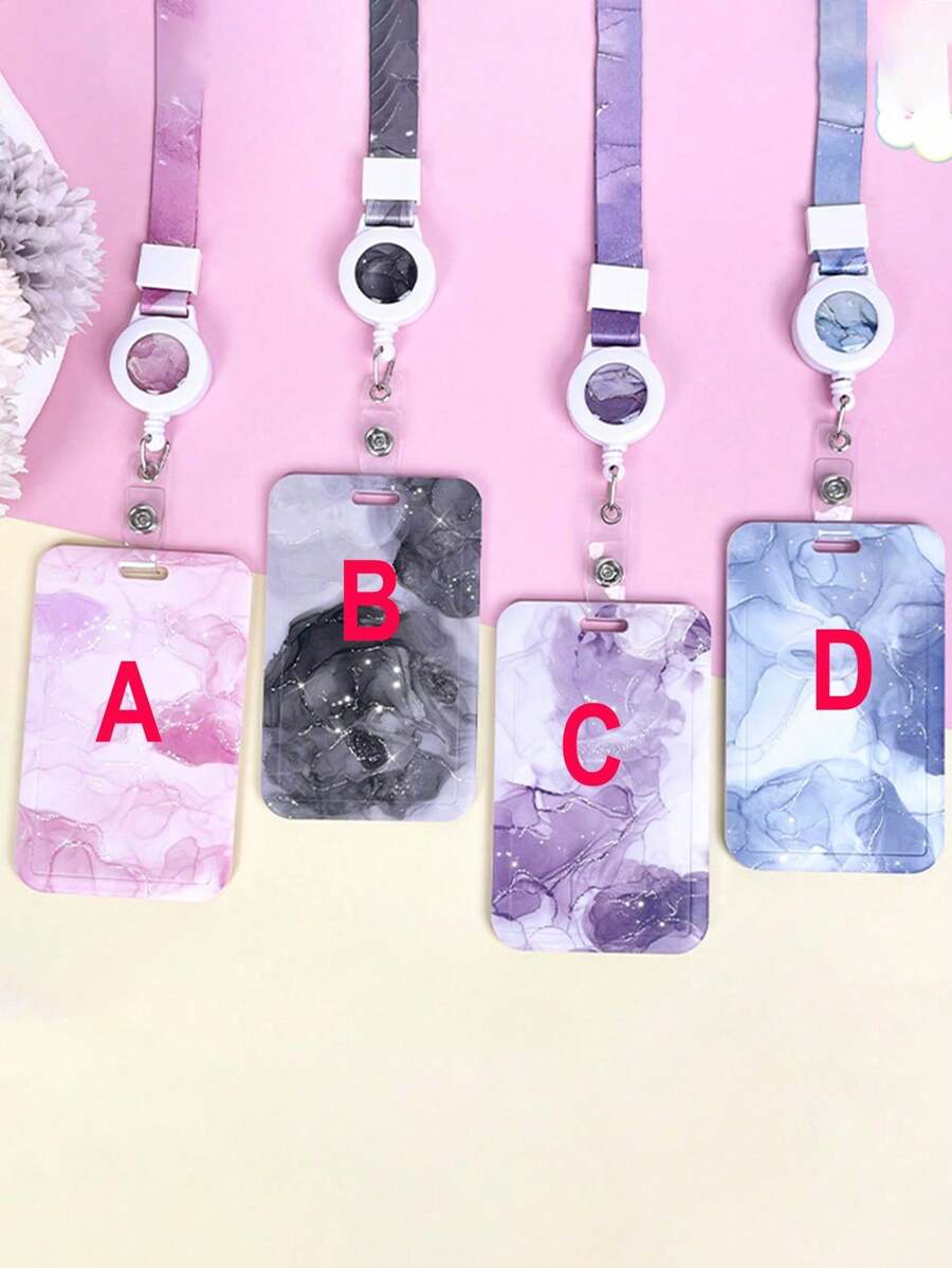 1pc Marble Pattern Card Holder With Retractable Lanyard Set, For Id Card, Work Card, Mobile Phone, Doctor & Nurse Badge, Abs Case With Double-Printed Polyester Neck Strap Without Choking,School Supplies,Back To School - Multicolor - View 1