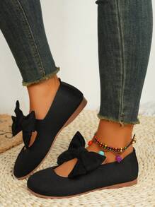 1双时尚舒适的黑色蝴蝶结装饰平底乐福鞋 - 黑色 - 查看 5