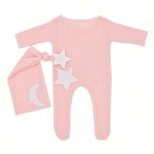 Macacão de malha decorado com estrelas e lua, chapéu com cauda longa, conjunto de duas peças, adereços de fotografia, conjunto de estúdio, vestuário, chá de bebê, presente de Páscoa, itens para meninas/meninos recém-nascidos