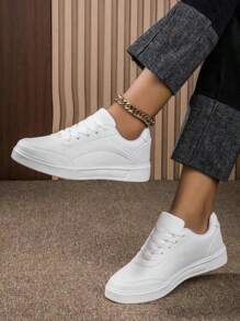 Pantofi de sport noi, alb-negru, pentru exterior, pentru toate anotimpurile, versatili, ușori, respirabili, cu șireturi, cu talpă groasă, pantofi casual de skateboard, pantofi sport la modă în stil campus - alb - Vizualizare 6