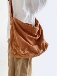 1 pieza Bolsa de lona vintage lavada de gran capacidad en color marrón, bolso de hombro con cierre de cremallera, sencillo y casual, versátil, apto para uso diario, escuela, estudiantes universitarios, viajes, bolso bandolera plegable - Marrón - Ver 4