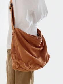1 pieza Bolsa de lona vintage lavada de gran capacidad en color marrón, bolso de hombro con cierre de cremallera, sencillo y casual, versátil, apto para uso diario, escuela, estudiantes universitarios, viajes, bolso bandolera plegable - Marrón - Ver 3