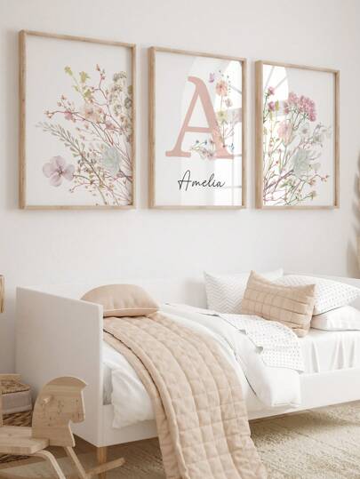 3 Piezas Nombre personalizado Arte de pared personalizado Lienzo de flores silvestres Póster floral rosa Cuadros colgantes Decoración de habitación juvenil Decoración de pared de dormitorio de niñas Decoración de guardería Póster Regalo de cumpleaños y Navidad Sin marco, para inauguración de casa