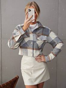 Chaquetas a cuadros abrigo para mujer de moda chamarras casual solapa de manga larga de un solo pecho corta Acogedora informal  de otoño invierno - Gris Claro - Ver 4