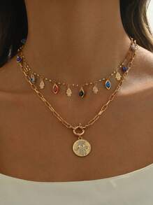 时尚奢华女士多层蓝色邪眼手形吊坠项链，粗款珠宝厚 U 型链配玻璃珠项链，夸张手眼吊坠装饰项圈，适合日常和派对佩戴，眼珠颜色随机分布 - 邪惡之眼 - 查看 10