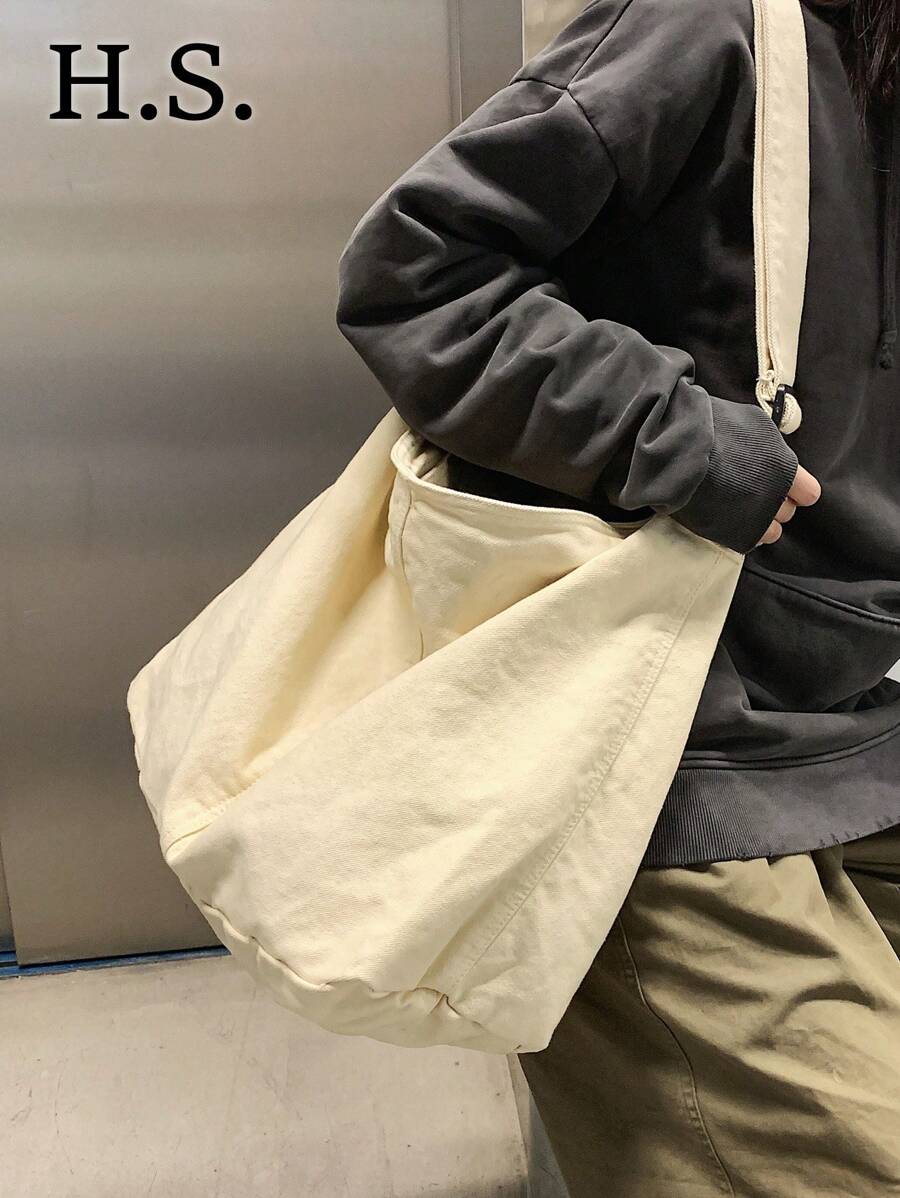 大容量米色水洗复古帆布包，简约风格休闲百搭拉链开合单肩包适合日常使用，大学生书包，旅行，街头风格可折叠手提包