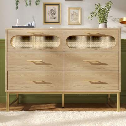 FLIEKS Rattan Sideboard Storage Cabinet With 6 Drawers, Cupboard Sideboards For Living Room, Bedroom, And Hallway, Metal Handles, Anti-Tip, 120 X 40 X 74 Cm, Oak
