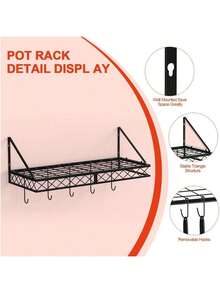 Wall Mount Pot Pan Racks, 70CM Saucepan Hanging Racks Utensils Hanging Shelf, Pan Rack For Kitchen, Metal Cookware Organiser With 10 Hooks, Black - Black - View 3