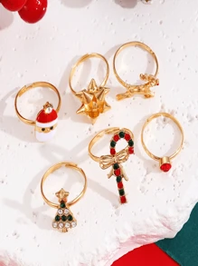 1pc钛钢圣诞戒指男女同款时尚麋鹿拐杖圣诞树圣诞老人红宝石戒指，适合圣诞节，礼物 - 彩色 - 查看 7