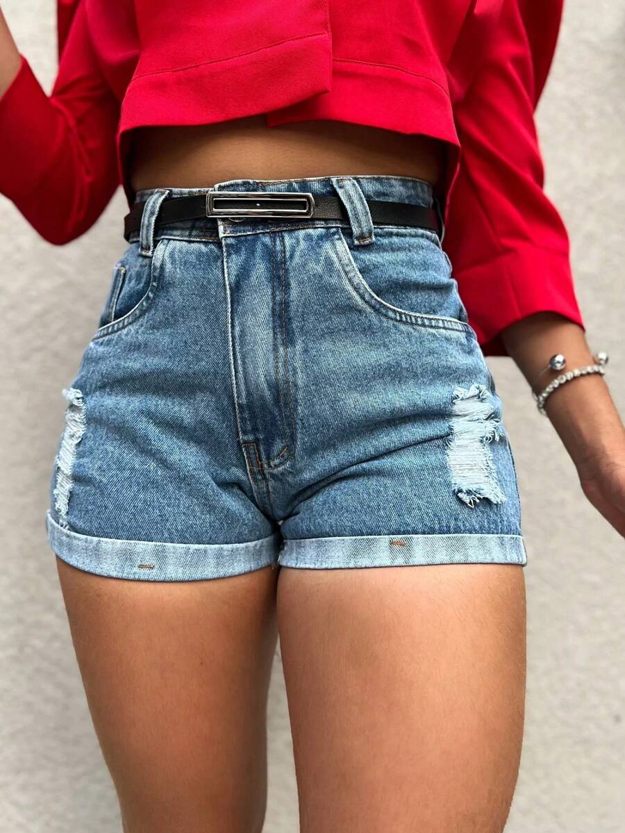 Kissmelady 9036 With Black Belt Women's Denim Shorts With Pocket Natural Youth Denim Shorts Women's Shorts With Bags With Slits High Waist Bag 9036 With Belt - Rửa trung bình - Xem 1