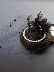 1 Stück Damenhut im europäischen und amerikanischen Stil mit Perlen, Retro Kopfschmuck mit Schleier und Federschmuck, Braut Haaraccessoire