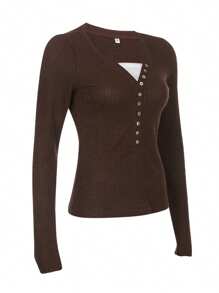 Women's Button-Front Knitted Top, Long-Sleeved Lace Patchwork Slim-Fit Fairy Tee. - Dark Brown - View 5