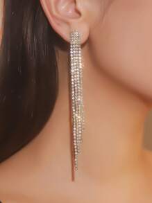 1 par de brincos longos de borla com strass de cristal de 4 camadas e vários fios, brincos pendurados de lustre de cristal brilhante, joias de festa da moda
