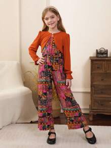 Setelan 2 potong untuk anak perempuan usia remaja, terdiri dari jaket pendek rajut vintage dan atasan tank top, cocok untuk musim gugur/musim dingin. - Purple - View 4
