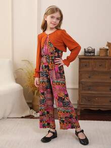 Setelan 2 potong untuk anak perempuan usia remaja, terdiri dari jaket pendek rajut vintage dan atasan tank top, cocok untuk musim gugur/musim dingin. - Purple - View 7