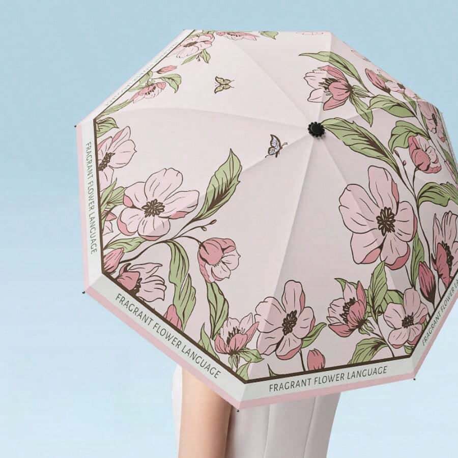 8 骨花卉图案手动折叠雨伞，时尚设计 - 彩色 - 查看 1