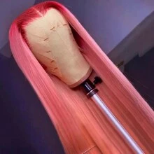 Pink Red Ombre Color Wigs Long Silky Straight Lace Front Wig Colorful Pink Glueless Lace Front Synthetic Wig Heat Resistant Fiber Hair Replacement Wig For Women Cosplay Party & Daily Use - 漸層粉紅色 - 查看 2