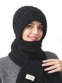 2 件套女士简约纯色竖条纹针织帽、围巾套装带手套，温暖舒适，适合秋冬季休闲户外使用