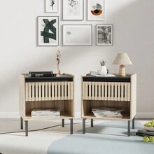 Bedside Table Set 2, 2024 Year - Natural+Black+MDF+Iron+Bedroom+1 Drawer+Bedside Cabinet as Pic - View 1