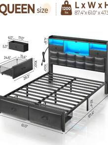 Bed Frame Queen Size With Drawers And Charging Station, Upholstered Platform Bed With Storage Headboard And LED Light, Heavy Duty Metal Frame Support, No Box Spring Needed, Noise Free - 黑色 - 查看 6