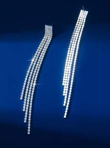 1 par de brincos longos de borla com strass de cristal de 4 camadas e vários fios, brincos pendurados de lustre de cristal brilhante, joias de festa da moda