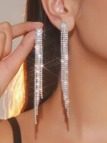 1 par de brincos longos de borla com strass de cristal de 4 camadas e vários fios, brincos pendurados de lustre de cristal brilhante, joias de festa da moda