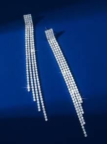 1 par de brincos longos de borla com strass de cristal de 4 camadas e vários fios, brincos pendurados de lustre de cristal brilhante, joias de festa da moda