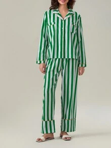 女士两件套圣诞睡衣套装长袖条纹印花纽扣衬衫 + 松紧腰裤套装家居服睡衣套装 - 綠色 - 查看 1