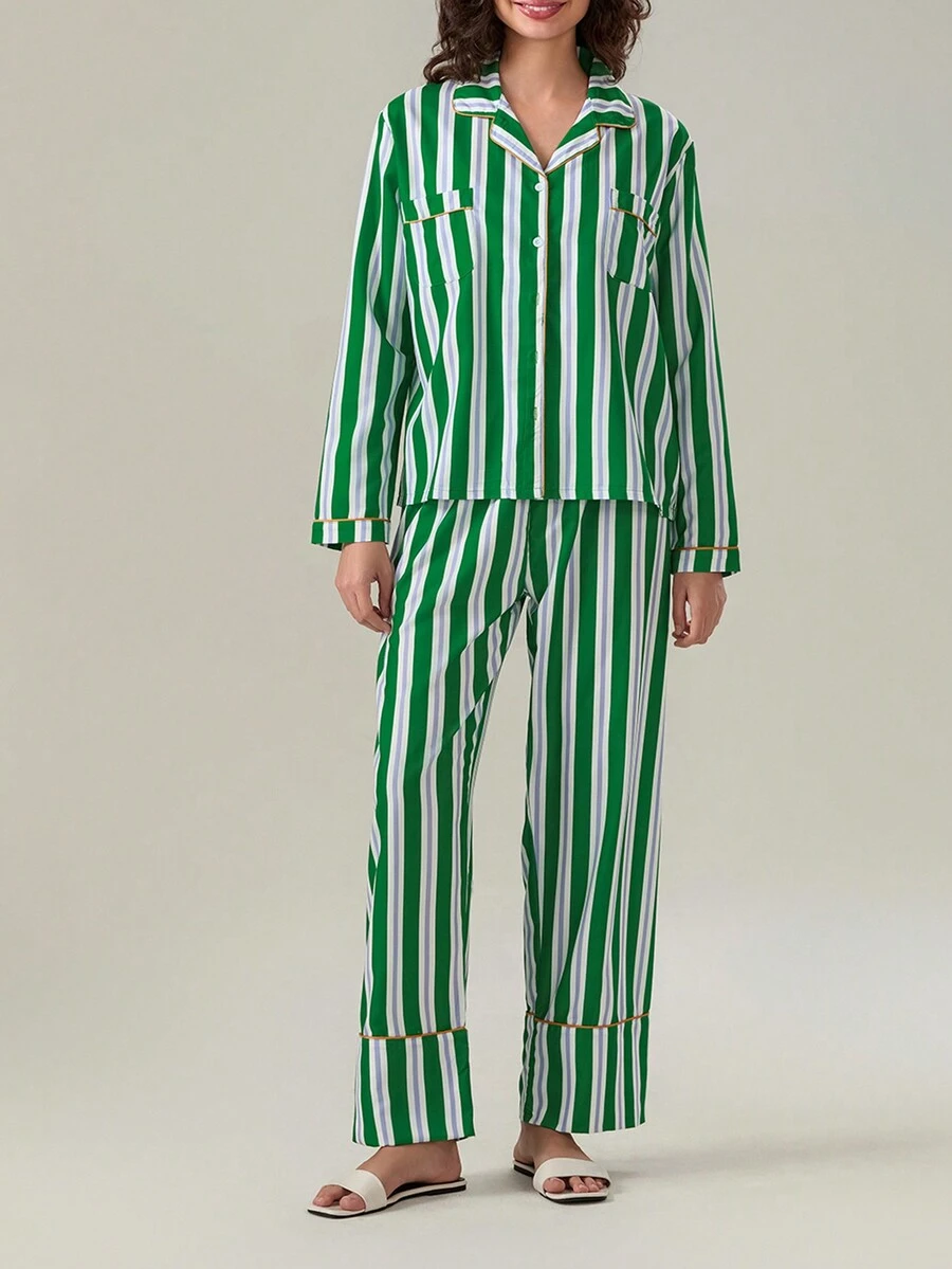 女士两件套圣诞睡衣套装长袖条纹印花纽扣衬衫 + 松紧腰裤套装家居服睡衣套装 - 綠色 - 查看 1
