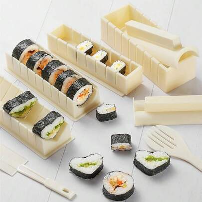 KITCHTIC Beginner Sushi Making Kit - 10 Pieces Set - PP Plastic Sushi Roller Set With Reusable Tools - Easy To Clean - Creative Fun Sushi Maker Kit, Back To School Supplies