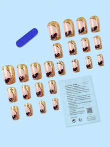 24 件长方形假指甲，粉色时尚法式渐变金色闪光花朵设计，美甲套装，适合派对、舞会或日常佩戴按压式指甲美甲用品 - 彩色 - 查看 2