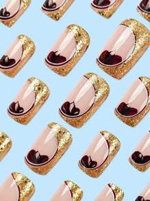 24 件长方形假指甲，粉色时尚法式渐变金色闪光花朵设计，美甲套装，适合派对、舞会或日常佩戴按压式指甲美甲用品 - 彩色 - 查看 3