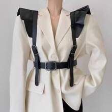 1pc Women's Punk Style PU Leather All-In-One Waist Belt & Shoulder Straps, Retro Double Ruffle Decor Suspender Waist Cincher - Black - View 2
