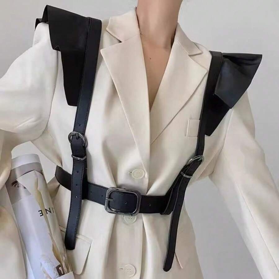 1pc Women's Punk Style PU Leather All-In-One Waist Belt & Shoulder Straps, Retro Double Ruffle Decor Suspender Waist Cincher - Black - View 1