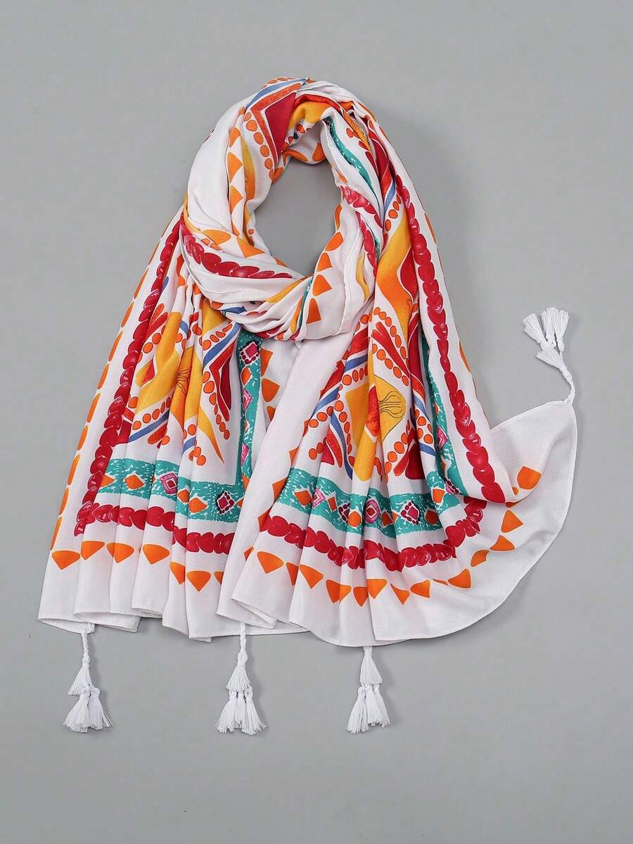 1 件几何色块印花流苏围巾 - 彩色 - 查看 1