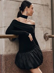 Đầm mini hở vai tay bồng thời trang thu đông cho nữ có thiết kế trễ vai - màu đen - Xem 2