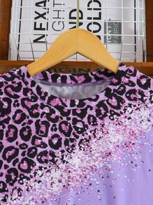 Tween Girl 2024 最新秋季豹纹休闲街头风格圆领长袖上衣和裤子 2 件套 - 紫色 - 查看 2