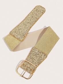 1 件女士闪亮红色弹性腰带，带金属扣，适合派对和聚会情人节 - 金色 - 查看 4